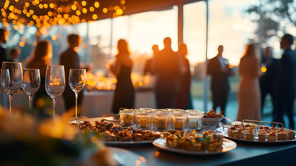 Abendempfang mit Fingerfood, Gläsern und Lichterketten