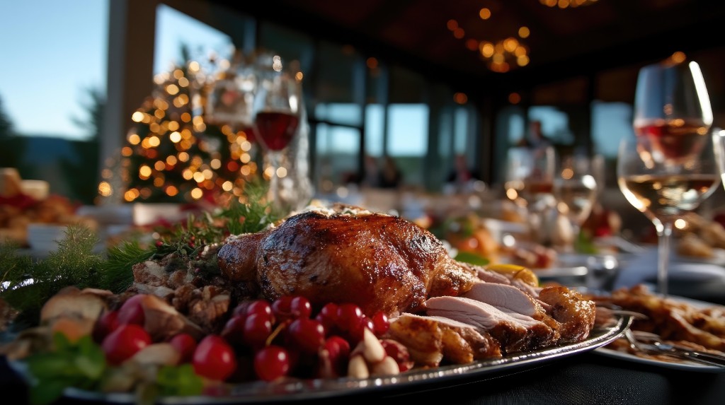 Festlicher Braten auf einer weihnachtlich gedeckten Tafel